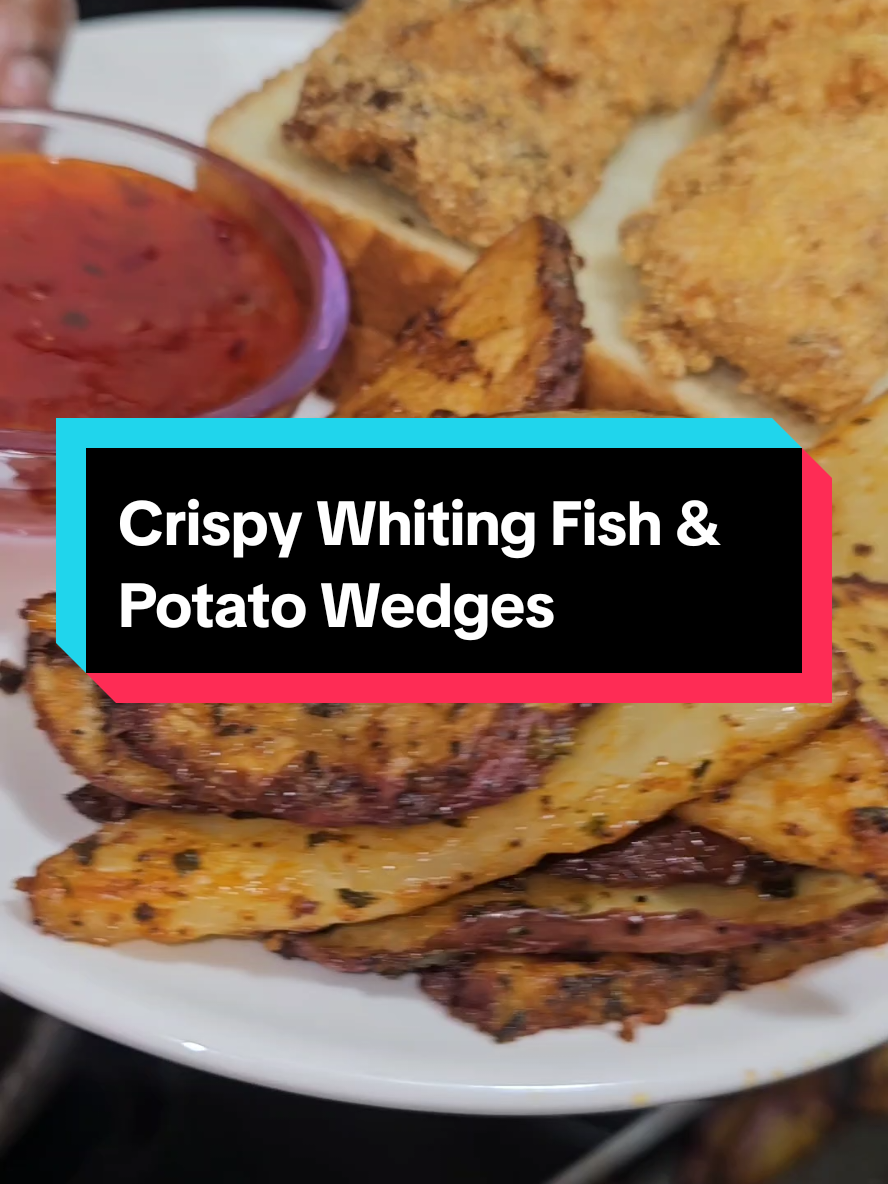 Crispy Whiting Fish & Potato Wedges #homecooking #chefQ #cookingwithQ #Whiting #fishandchips Ingredients: • 3–4 potatoes, cut into wedges • Olive oil • Paprika • The Blend (or your favorite all-purpose seasoning) • Chives • Parsley • Onion powder For the Fish: • Whiting fillets (or your favorite fish) • Old Bay seasoning • Tony’s Creole seasoning • Onion powder • Chili powder • Parsley • Flour • Eggs (beaten) • Yellow cornmeal • Oil for frying Instructions: • Prepare the Potato Wedges • Preheat oven to 400°F. • Toss potato wedges with olive oil, paprika, The Blend, chives, parsley, and onion powder. • Spread on a baking sheet and roast for about 40 minutes, until golden and crispy. • Prepare the Fish • Pat the fish fillets dry with paper towels. • Season with Old Bay, Tony’s, onion powder, chili powder, and parsley. • In a shallow bowl, season flour with the same spices. • Dredge fish in flour, then dip in beaten eggs, then coat in yellow cornmeal. • Fry the Fish • Heat oil in a skillet over medium-high heat. • Fry fish for 3–5 minutes per side, until golden brown and cooked through. • Drain on paper towels. • Serve • Plate with crispy potato wedges for a new take on classic fish & chips. • Or make it into a sandwich with your favorite bread and toppings.