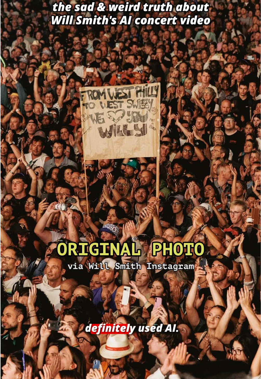Were Will Smith’s Crowds AI? Not exactly. His editors animated photos and turned them into AI videos. This went unnoticed for two weeks, but once  it started the story blew up as part of the Will Smith spiral narrative. I think it’s a better example of poor editing and oversight. #aivideo #concert #willsmith #celebrity #fypシ 