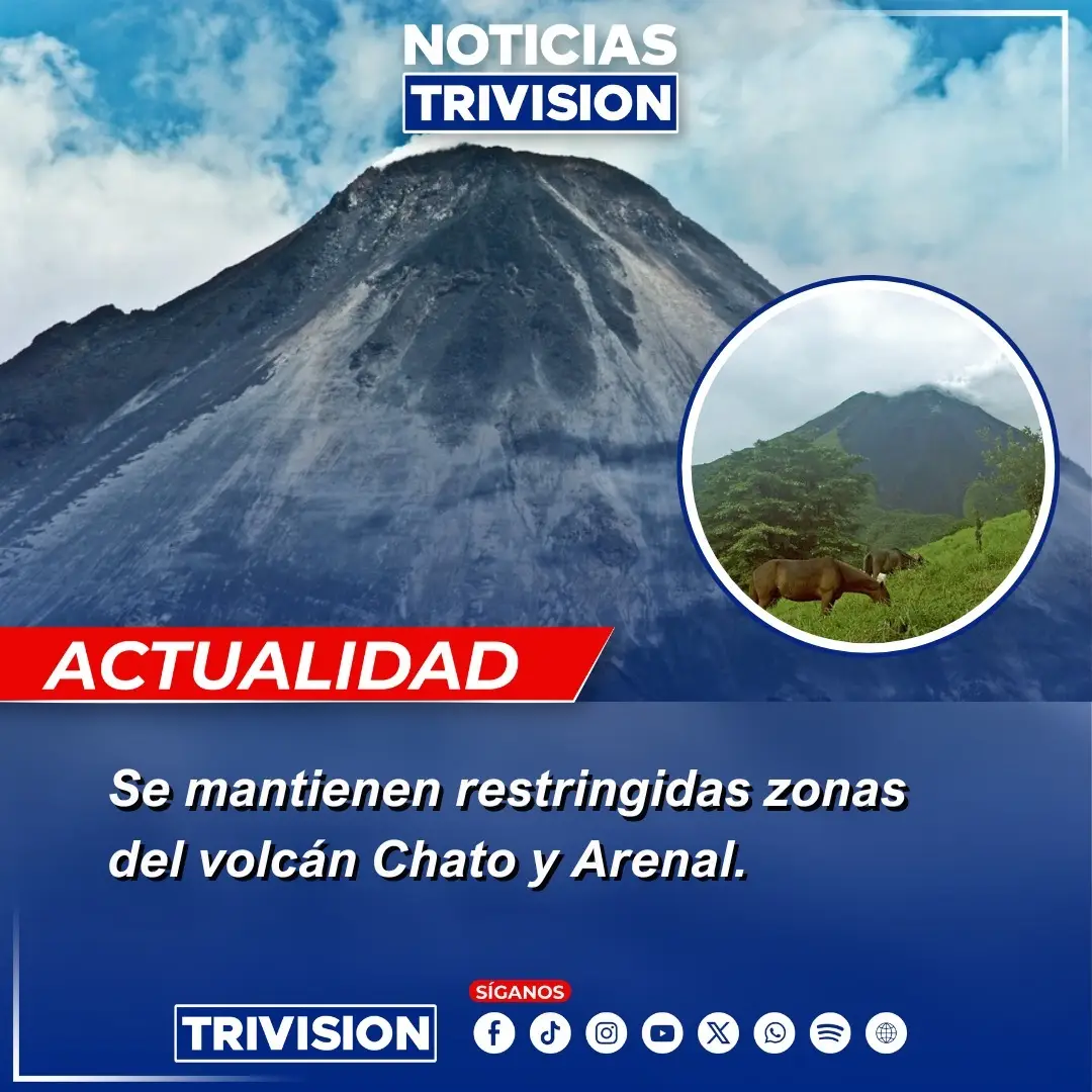 🔴#NoticiasTrivision | El MINAE-SINAC, reiteró que el ingreso a las zonas restringidas del volcán Chato y Arenal sigue prohibido, debido al impacto ambiental causado por el turismo ilegal. Entre los daños destacan la pérdida de biodiversidad, erosión del suelo y afectación a la vida silvestre. Las autoridades han reforzado los controles y recuerdan que el acceso legal solo está permitido por los sectores Volcán y Península, en horario de 8:00 a.m. a 4:00 p.m. Quienes ingresen ilegalmente serán desalojados y podrían enfrentar sanciones judiciales.