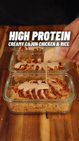 High Protein Creamy Cajun Chicken & Rice! 🔥🍗🤤 #mealprep #highprotein #creamycajunchicken  #tastymealprep #easymealprep        55g Protein! Delicious High Protein Meal Prep💪🏽 Checkout my High Protein Cookbook with 180+ recipes just like this one! (Link in bio)📕👨🏽‍🍳  Serves 4: 🍽️🍽️🍽️🍽️ Calories & Macros 📊 Per Meal: 547 calories  55g P | 55g C | 9g F Cajun seasoning (homemade) - 2 tsp smoked paprika - 2 tsp garlic powder - 1 tsp onion powder - 1 tsp ground black pepper - 1 tsp cayenne pepper (adjust for heat preference) - 1 tsp dried oregano - 2 tsp salt Cajun Chicken - 800g boneless skinless chicken breast (flattened) - 20g Cajun seasoning mix - Cooking spray Cajun Fried Rice  - 700g cooked cold white rice (roughly 230g dry, cook before hand and refrigerate) - 20g light butter (brand: lurpak) - 1/2 red onion (diced) - 2 cloves garlic (diced) - 2 tsp Cajun seasoning mix Creamy Cajun Sauce  - 200ml low fat or fat free milk - 150g light cream cheese - 20g Parmesan - 1 tsp cajun seasoning (Rest of Cajun seasoning) - 10g light butter Storage & Heating ♨️ - Store for up to 5 days in the fridge, I like to store the sauce seperate but this is optional - To reheat, add the contents to a microwave safe bowl and microwave covered with a damp paper towel for 3-4 minutes till heated through, mix well and enjoy! Need more inspiration🔥 Checkout my High Protein Cookbook with 180+ recipes just like this one! (Link in bio)📕👨🏽‍🍳 