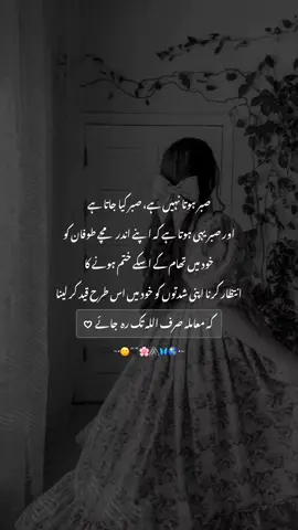 صبر ہوتا نہیں ہے، صبر کیا جاتا ہے اور صبر یہی ہوتا ہے کہ اپنے اندر مچے طوفان کو خود میں تھام کے اسکے ختم ہونے کا انتظار کرنا اپنی شدتوں کو خود میں اس طرح قید کر لینا کہ معاملہ صرف اللہ تک رہ جائے ۔ #fyp #fypviraltiktok🖤シ゚☆♡ #unfreezemyaccount # #trending #viral 