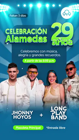 Faltan 3 días 🎉 ¡La cuenta regresiva comenzó! ⏳ En solo 3 días, la Plazoleta Principal de Alamedas se llenará de música, alegría y mucho sabor cordobés. 💃🕺 Prepárate para vivir una noche mágica con @jhonnyhoyos y @longplayband 🎶   📅 Este 30 de agosto 🕕 6:00 p.m. 📍 Plazoleta Principal, Alamedas Centro Comercial. 🎟 Entrada libre . . .  #Alamedas29Años #VacacionesEnCancún #JhonnyHoyos #LongPlayBand #EnAlamedasLoEncuentrasTodo  