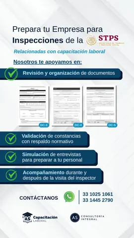 🚨 ¿Tu empresa está lista para una inspección de la STPS? Si no tienes en orden tu documentación de capacitación laboral, podrías enfrentar sanciones.🚫 🔍 Nosotros te apoyamos con: ✅ Revisión y organización de documentos (DC-3, DC-4, DC-5) ✅ Validación de constancias con respaldo normativo ✅ Simulación de entrevistas para tu personal ✅ Acompañamiento durante y después de la visita del inspector 🔗 Inicia aquí tu preparación: 👉 https://www.asconsultoriaintegral.com/4-atencion-de-inspecciones-en-materia-de-capacitacion 📲 Contáctanos hoy mismo: 📞 33 1025 1061 | 33 1445 2790 #ASConsultoríaIntegral #asci #STPS #consultoriaempresarial #CapacitacionLaboral 