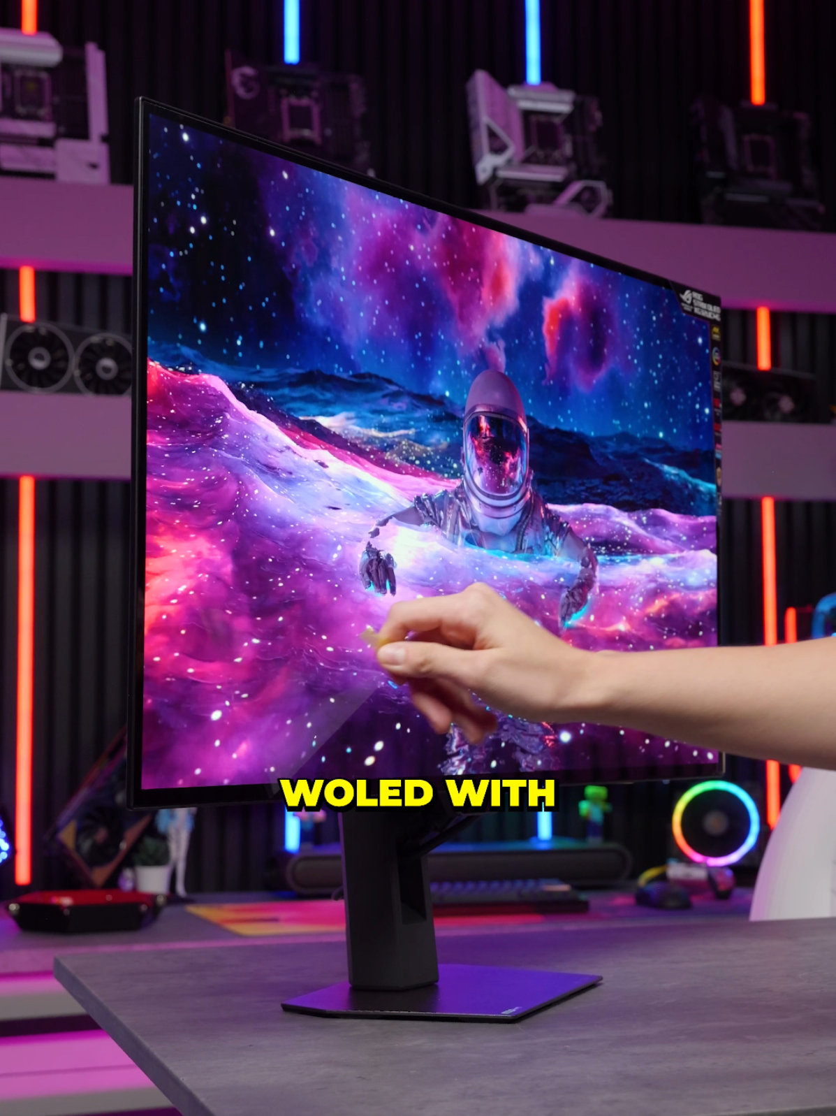 Looking for the best OLED gaming monitor for your gaming setup? 👀 This is the new ROG Strix XG32UCWG the world’s first dual mode 4K WOLED with a glossy true black coating, so blacks stay black, not washed-out grey like you see with most monitors. You get 4K at 165Hz or 1080p at 330Hz, perfect for switching between everyday use and competitive gaming. The stand’s slimmer for more desk space, and it even powers down when you leave to help minimize burn in. Josh and I can definitely see the difference comparing this to all the monitors we have, that true black really does make a difference! #techtok #pcgaming #GamingSetup #rog #oled 