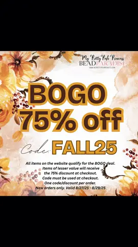 Buy 1, Get 1 75% off Happening Now! All items on the website qualify.  Code: FALL25 www.myprettyposhprincess.com * Items of lesser value will receive the 75% discount at checkout. Code must be used at checkout. One code/discount per order. New orders only. Valid 8/27/25 - 8/29/25 myprettyposhprincess . com . .. ... .... ... .. .   #siliconebeads #siliconebeadshop #siliconebeadlover #diybeads #myprettyposhprincess      
