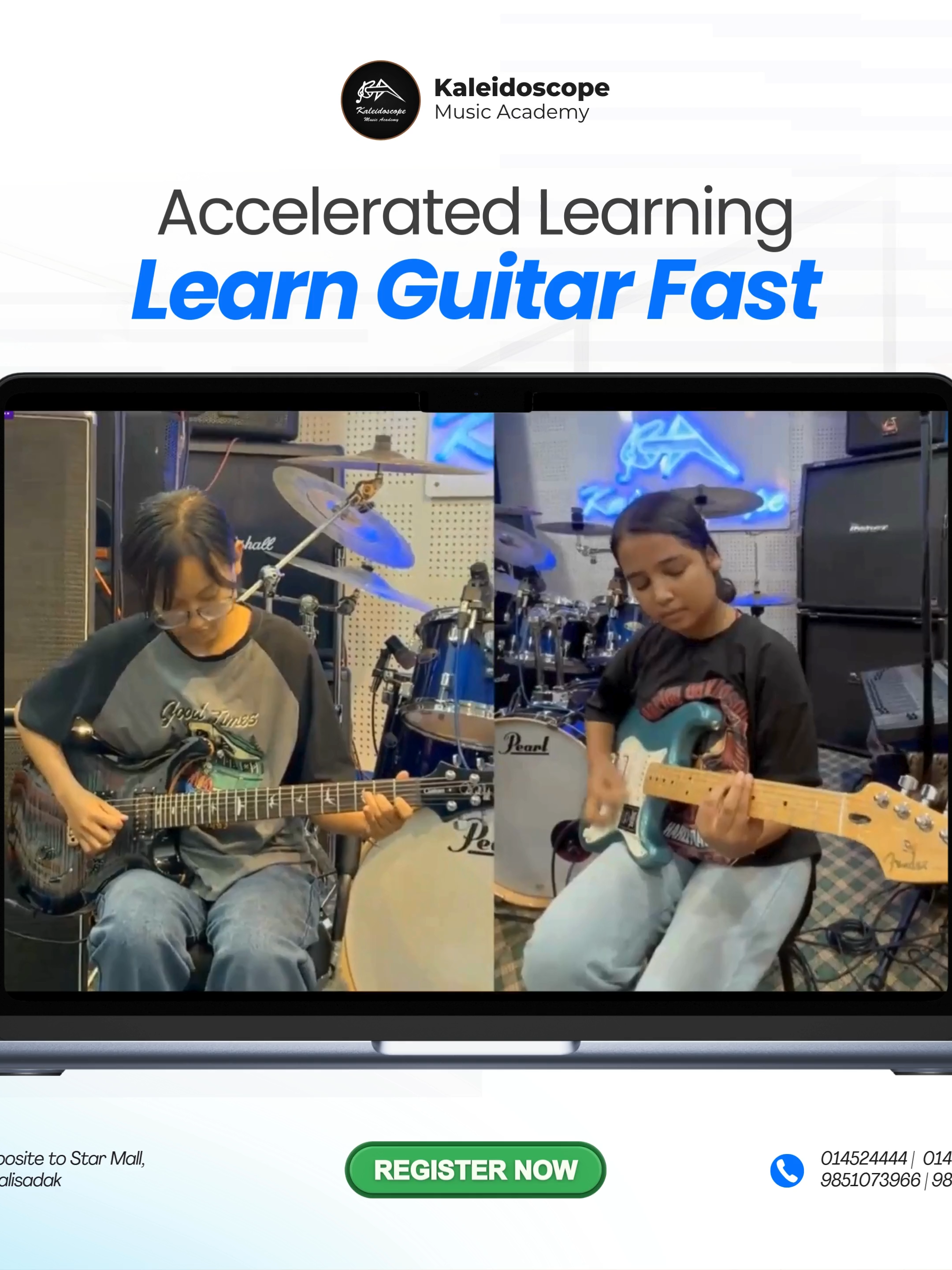 🎶 Dashain & Tihar Mega Offer 2025! 🎉 Flat 77% OFFon All Music Courses!  📅 Offer Valid: 19th August 2025 – 26th September 2025 🎁 Special Holiday Discount Was: Rs. 54,000  Now: Just Rs. 12,500/- (for 6 Months) 🎸 Choose Your Instrument & Begin Your Journey! Guitar / Bass Guitar / Ukulele 💰 Rs. 12,500  📅 3 Months (2 hrs/day) or 6 Months (1 hr/day) Drums 💰 Rs. 12,500  📅 3 Months (2 hrs/day) or 6 Months (1 hr/day) Keyboard / Piano 💰 Rs. 12,500  📅 3 Months (2 hrs/day) or 6 Months (1 hr/day) Western Vocals 💰 Rs. 12,500  📅 3 Months (2 hrs/day) or 6 Months (1 hr/day) Violin 🎻 💰 Rs. 6,500  📅 1 Month | 8 Classes (1 hr/day) Music Production 🎧 💰 Rs. 36,500 (3 Months)  🎓 Includes 6 Months of FREE 1-on-1 Mentorship with our expert faculty! 📍 Visit Us Kaleidoscope Music Academy  📌 1st Floor, Triangular Building (Next to Star Mall, Putalisadak – Above the Medical Shop) 📞 Enroll Now – Limited Seats Available! 📱 9851073966 | 9841273562  ☎️ 014524444 | 014528428