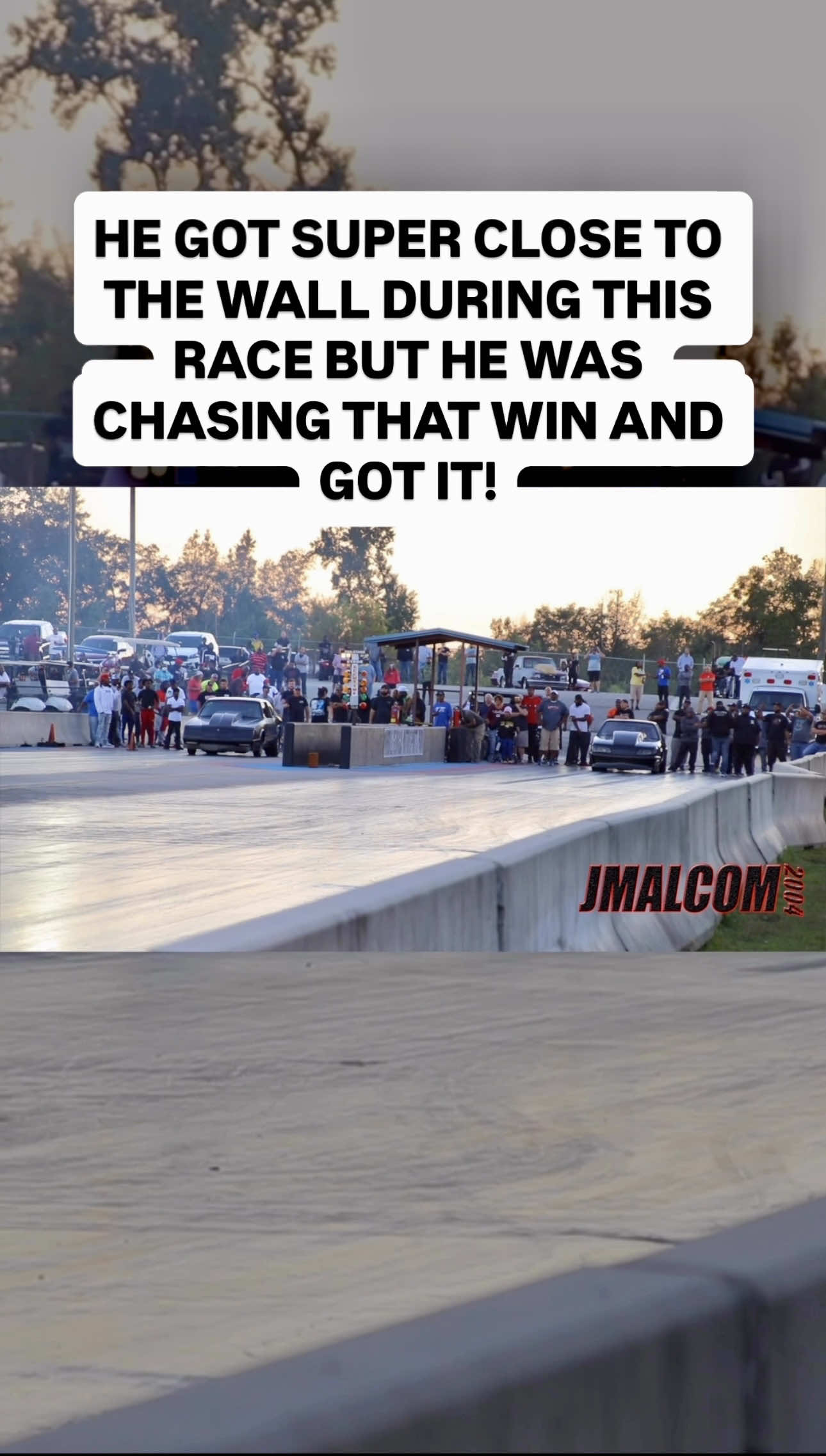 He. Got super close to that wall #dragracing #horsepower #nitrousgbody #foxbodymustang #racecar #fast #speed #smallblockchevy #bigblockchevy #hotrod #musclecar 