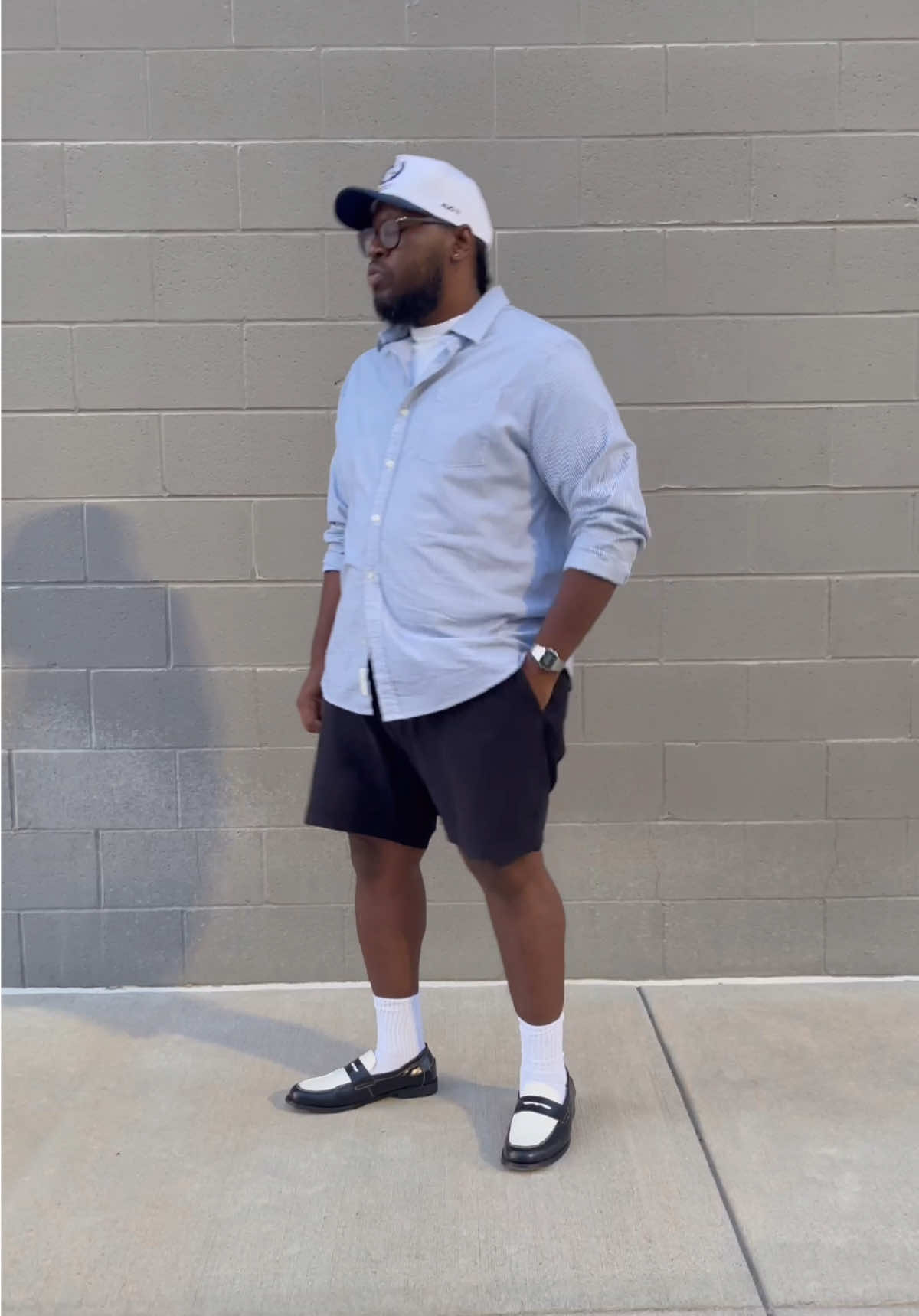 The long sleeve shirt and shorts combo is goated.  #stripeshirt #shorts #loafers 