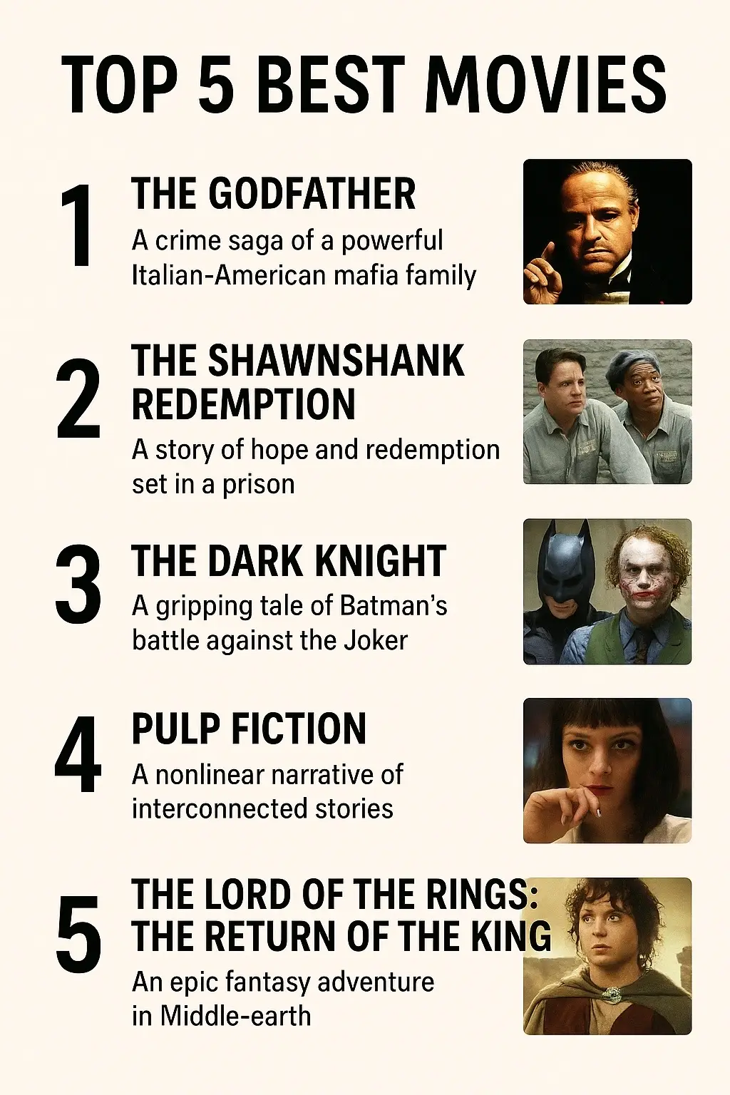 From crime sagas and prison redemption to superhero battles, nonlinear storytelling, and epic fantasy—these masterpieces have left an unforgettable mark on cinema. Which one’s your favorite? 🍿 #Top5Movies #MovieLovers #CinemaMagic #FilmClassics