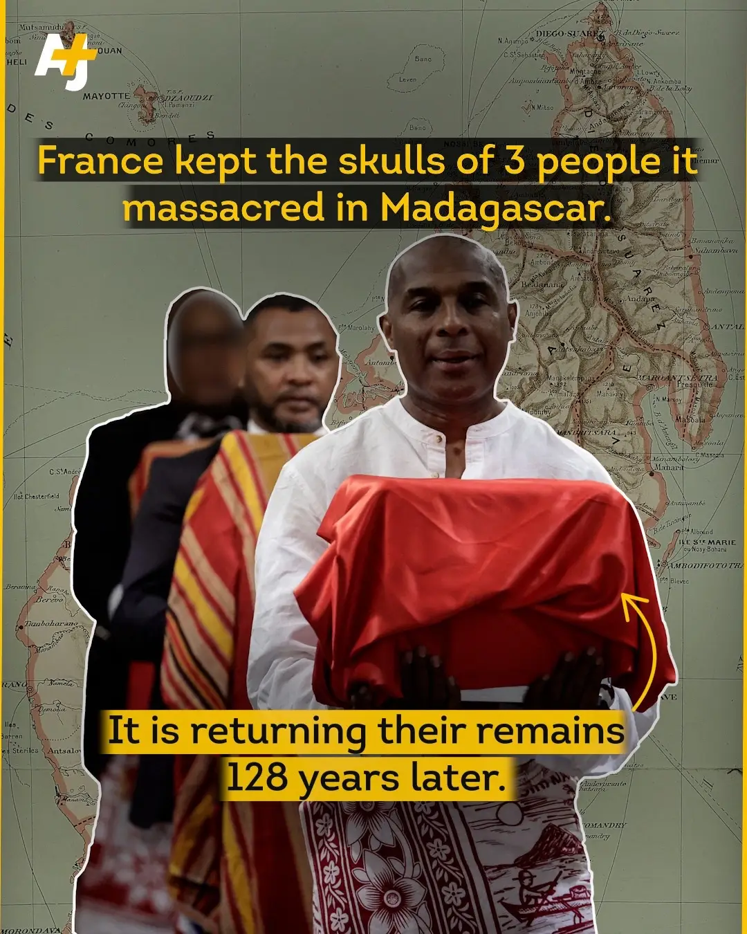 France has returned the skulls of 3 Indigenous people it killed to Madagascar. One of the skulls is believed to have belonged to a king – from when French colonial forces colonized the island in the Indian Ocean. King Toera was the leader of the Sakalava community and the last independent ruler of the Menabe region. French colonial forces took his skull back to France as a trophy. The remains were kept in Paris’ natural history museum for over 120 years. #Madagascar #Colonialism #France #Africa #Indigenous 