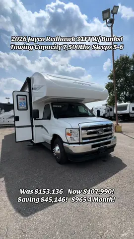2026 Jayco Redhawk 31FT W/ Bunks! Towing Capacity 7,500Lbs  Sleeps 5-6 Was $153,136    Now $107,990! Saving $45,146!   $965 A Month!  Best Warranty 7.3L V8 Godzilla Power Awning  Automatic Jacks 1 Piece Fiberglass Cap 400 Watt Generator Chrome Wheel Caps Seatbelts Throughout  12v Tanks Heat Pads  Back Up Camera Cadillac converter alarm & More!  Text Tony T 313-221-0064☎️