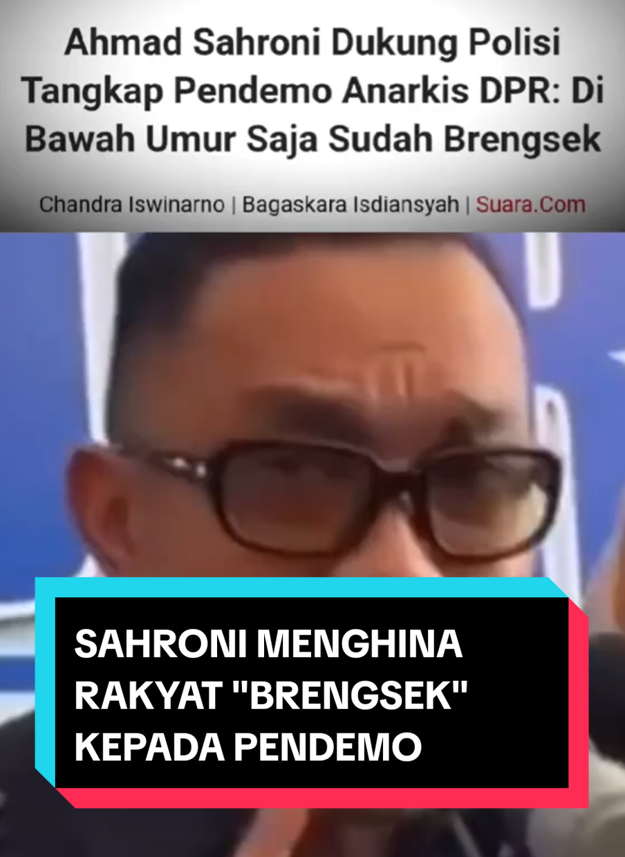 SAHRONI MENGHINA RAKYAT Pengamat Intelijen Paijo Parikesit: Tak pantas seorang wakil rakyat menyebut pendemo ‘brengsek’. Anak-anak yang ikut demo bukan kriminal, tapi cermin dari orang tua mereka yang kesulitan hidup dan dihimpit ketidakadilan. Rakyat menjerit, DPR justru menghina. Lebih baik KPK & PPATK segera audit kekayaan Sahroni yang janggal, daripada menghujat rakyat kecil. 👉 Wakil rakyat seharusnya mendengar, bukan mencaci. 👉 Rakyat turun ke jalan karena terpaksa, bukan karena hobi. 👉 Demokrasi runtuh kalau DPR memusuhi rakyatnya sendiri.