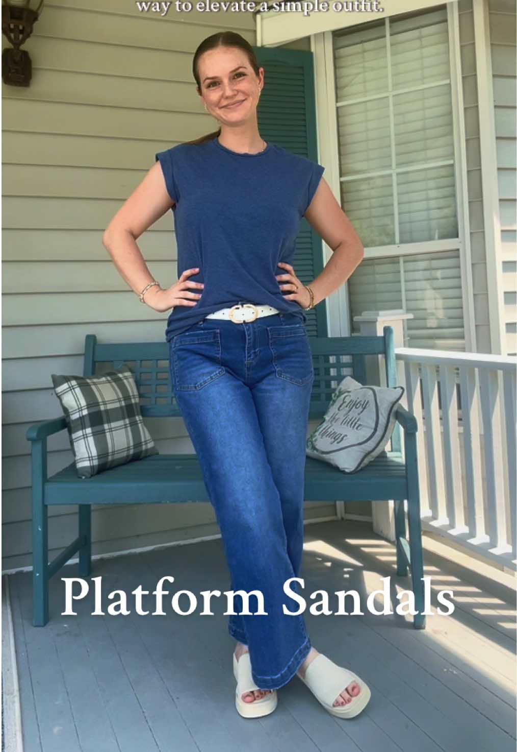 These platform sandals are my go-to shoe to elevate simple outfits… literally lol. They’re very comfy and the color goes with just about anything! #platformshoes #platformsandals #workshoe #sliponshoes #comfyshoes 