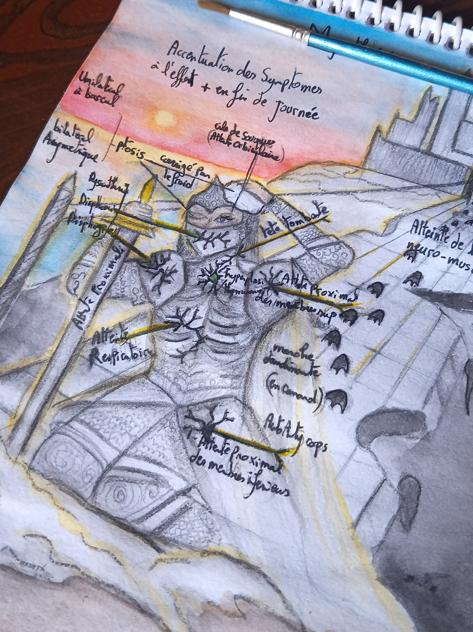 Chaque détail de ce dessin explique la myasthénie. Tu l’avais devinée ? Une bataille invisible, une force qui s’épuise, mais un courage qui reste. #myasthenie #myastheniagravis #autoimmune #neurologie #neuro         