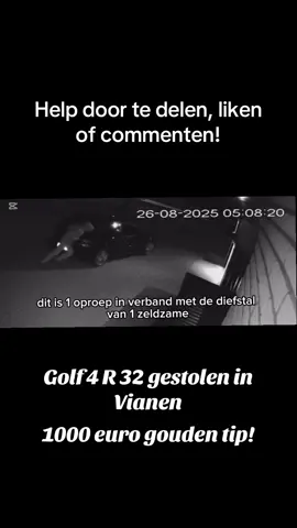 Afgelopen dinsdag ochtend gestolen! 1000 euro gouden tip! #bewakingscamera #delen #fyp #diefstal #help Dit is een oproep in verband met de diefstal van een zeldzame donkerblauwe Volkswagen R32, de droomauto van de 19 jarige Rick uit Vianen. Op beelden is te zien dat er dinsdag 26 augustus rond half vier uur ’s ochtends een man bij de auto staat. De auto staat geparkeerd bij een bedrijfspand op de Clarissenhof. Het alarm gaat af en de man verdwijnt. Ongeveer een half uur later komt dezelfde man terug. Hij probeert opnieuw in de auto te komen. Na vervolgens nog een poging blijft hij voor langere tijd in de auto zitten tot ongeveer vijf uur. Wanneer het hem niet lukt de auto te starten, stapt hij uit en begint de auto te duwen. Op de camerabeelden is te zien dat het gaat om een lange, tengere jonge man, gekleed in een grijs trainingspak met zwarte rits en waarschijnlijk donkere lage gymschoenen. Zijn postuur is opvallend smal – vermoedelijk draagt hij maat XS. Terwijl hij de auto duwt, kijkt hij voortdurend schichtig om zich heen en stuurt de auto af en toe bij. Uiteindelijk verlaat hij het terrein via de Clarissenhof, waar hij uit beeld verdwijnt. Even later om kwart over vijf wordt hij vastgelegd door een Ring-camera. Hierop is de verdachte goed te zien en zichtbaar moe. Daar lijkt hij de auto naar een parkeervak te sturen, vermoedelijk om hem daar tijdelijk neer te zetten en later op te halen. Wij vragen dringend of iemand dit gezien heeft, of misschien de auto daarna nog heeft waargenomen. Rond zes uur ’s ochtends zijn er bovendien even verderop twee kentekenplaten met nummer 46-RV-KX gestolen van een andere Volkswagen Golf die geparkeerd stond Franciscushof. Een getuige heeft de man met dezelfde uiterlijke kenmerken waargenomen. Waarschijnlijk zijn deze platen later gebruikt bij de diefstal. Belangrijk om te weten: de R32 had nog technische problemen. Er zat te weinig koelvloeistof in en de auto lekte. De dief kan er dus weinig mee. Daarom ons verzoek: laat de auto alsjeblieft ergens achter, en doe er verder niets mee. Neem eventueel contact met ons op zodat wij hem weer terug kunnen krijgen. Heeft u iets gezien, of weet u waar de auto nu is? Laat het ons alstublieft weten. Hartelijk dank voor uw hulp.