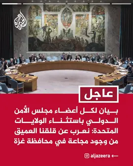 عاجل | بيان لكل أعضاء مجلس الأمن الدولي باستثناء الولايات المتحدة: يجب وقف المجاعة بغزة فورا واحترام القانون الدولي، وندعو إسرائيل إلى التراجع فورا عن قرارها توسيع عمليتها في غزة. #عاجل