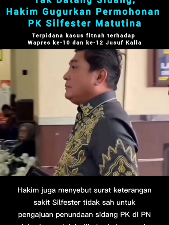 Patrolmedia, Jakarta – Majelis hakim Pengadilan Negeri Jakarta Selatan menggugurkan permohonan PK terpidana Silfester Matutina. Hakim Darpawan mengatakan surat keterangan sakit terpidana Silfester tidak sah untuk pengajuan penundaan sidang PK di PN Jaksel yang telah dijadwal ulang hari ini, Rabu (27/8/2025). Selain mangkir 2 kali di sidang PK ini, Darpawan menyebut surat keterangan sakit Silfester, tidak menjelaskan jenis penyakit yang dideritanya. https://www.patrolmedia.co.id/2025/08/27/pn-jaksel-nyatakan-permohonan-pk-silfester-matutina-gugur-surat-keterangan-sakit-tidak-sah/ #roysuryo #silfestermatutina #terpidana #kepri #batam 