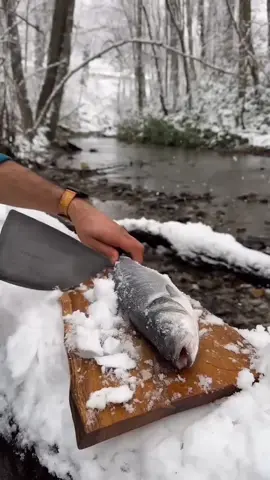 sea bass cooked in snow in the wild 🐟🐿️🔥💦 #outdoorcooking #cookingasmr #Recipe #tiktokfood #cookinginnature 