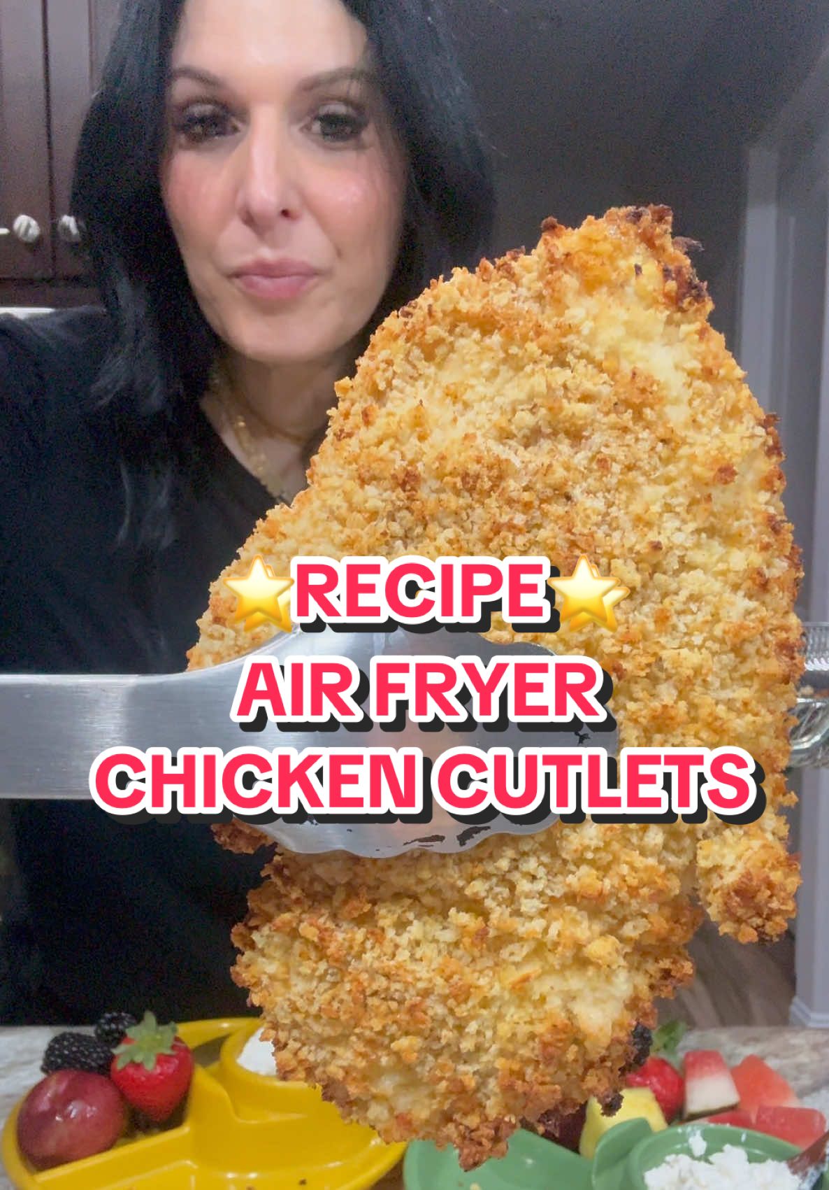 ⭐️RECIPE⭐️ HERE’S HOW WE MAKE OUR AIR FRIED CHICKEN CUTLETS.  We flash freeze them so that we can have these as healthy options to make during the week. #EasyRecipe #chicken #cutlets #airfryer  ✍🏼 Ingredients 	•	4 chicken breast cutlets 	•	½ cup flour 	•	4 large eggs 	•	1–2 tablespoons deli mustard 	•	Seasoned panko bread crumbs (enough to coat all cutlets) 	•	Seasonings to taste: garlic powder, onion powder, paprika, salt, pepper, and a little Kfred (or your favorite seasoning blend) 	•	Olive oil spray ⸻ ‼️FREEZE FOR 2 HOURS, THEN REPACKAGE FOR BUSY WEEK NIGHTS 👩🏻‍🍳 Instructions 	1.	Prep the chicken 	•	Butterfly the chicken breasts and pound them out until thin. 	•	Season both sides with salt and pepper. 	2.	Set up dredging stations 	•	Shallow plate #1:#1lour mixed with garlic powder, onion powder, paprika, salt, and pepper. 	•	Shallow plate :#2ggs whisked with deli mustard. 	•	Shallow plate :#3easoned panko bread crumbs. 	3.	Coat the chicken 	•	Dip each cutlet in flour, shaking off excess. 	•	Dip into the egg mixture, coating fully. 	•	Finally, press into the panko crumbs until well coated. 	•	Shake off extra crumbs and repeat with all cutlets. 	4.	Air fry 	•	Preheat the air fryer to 400°F. 	•	Spray the air fryer basket generously with olive oil spray. 	•	Place cutlets in a single layer without crowding. 	•	Spray the tops of the chicken with olive oil spray. 	•	Cook for 12 minutes, flip, spray again, and cook another 10–12 minutes or until golden brown and fully cooked (internal temp 165°F). 	5.	Serve 	•	Remove from air fryer and let rest for 2–3 minutes. 	•	Serve hot with your favorite dipping sauce, salad, or side dish. ‼️IF YOU MAKE THESE AND YOU DONT FREEZE THEM, ONLY AIRFRY 6 MINS. ON EACH SIDE