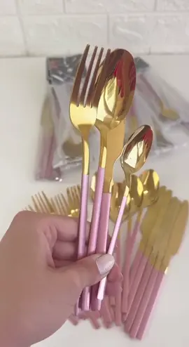 Kit 24 Peças Jogo De Talheres Rosa Dourados Aço Inoxidável #cozinha #mesaposta 