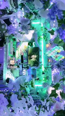 Take a moment and walk through my enchanted garden setup? 🌿A more green RGB version; my desk setup and gaming room in shades of lavender purple, greens, pastels and pinks among twinkling fairy lights for PC Gaming #room #desksetup #desk #GamingSetup #aesthetic #cozygaming #cozyvibes #RoomTour #gamingpc #pcsetup #tech #decoration #gaming #roomdecor #decor #deco #fantasy #desktour #inspo 