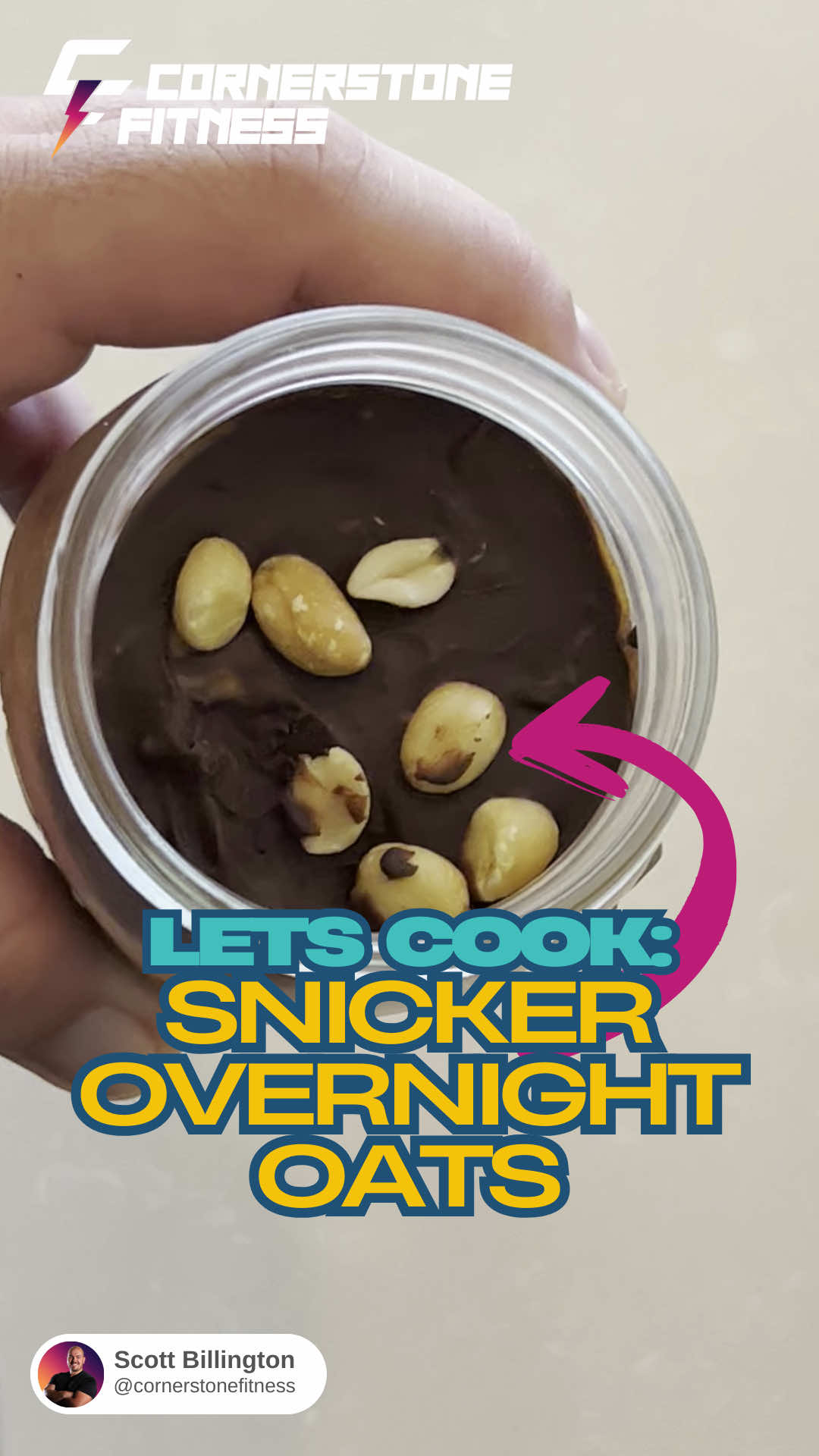 🍫 Let’s cook: Snickers Overnight Oats  Hands down, this might be the best treat I’ve made yet. Perfect for when you want something sweet but still fueling. 📂 Save this recipe and make it later!  Add the following to a jar: 	1. 2/3 cup rolled oats 	2. 2 tbsp chia seeds 	3. 1 tbsp maple syrup 	4. 1 tbsp cocoa 	5. 3/4 cup almond milk 	6. Mix, then add 1 tbsp peanut butter + 1 tbsp melted chocolate 	7. Top with peanuts 	8. Refrigerate overnight (or at least 2 hours) Sweet tooth approved ✅ 💪 Want more easy recipes like this? Hit that follow button for the next one! -Coach Scott #overnightoats #oatmealrecipe #healthyrecipes #sweettooth #treats 