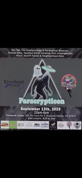 foundfootage?.avi 1:30 PARACRYPTICON (presenters,bands,vendors,merch) 9/13/25 10am-4pm Fairwood Lanes, 201 Old Farm Rd S, Roanoke Rapids, NC 27870 $10 online; $15 at door (3 and under free —some items may be scary but family friendly event.) Tickets here: https://www.eventbrite.com/e/1415124388139?aff=oddtdtcreator Merch here: https://riverbendevents.square.site/shop/paracrypticon/3AELQWDFRZ7HXE5WRW3EU7QC? page=1&limit=30&sort_by=category_order&sort_order=asC Please support! #Paracrypticon #CryptidConvention #ParanormalConvention #ParanormalEvent #CryptidEvent #ParanormalCommunity #ParanormalLife #GhostHunters #HauntedHistory #ParanormalInvestigation #GhostStories #SpiritWorld #HauntedPlaces #ParanormalActivity #Folklore #Folklorist #CryptidHunting #BigfootSighting #MothmanLives #Mothman #Bigfoot #Sasquatch #CryptidLore #SlenderMan #HalifaxNC #NorthCarolinaEvents #NCWeekend #FamilyFriendlyEvent #RuralAdventure #NCSpookySeason #VisitHalifax #lakegaston #RoanokeRapids