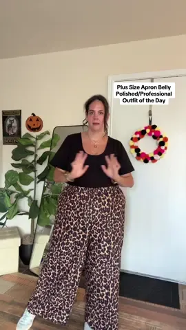 This is what I’m wearing to feel polished, professional, but still myself as someone plus size with an apron belly. It definitely needs a better pop of color so let me know what sneakers I should try with these wide leg leopard print pants by Cider. My bodysuit is amazing, it’s by Snag and the fit is so good! #plussizeootd #apronbelly #apronbellybaddies #plussizepants #plussizebodysuit @Snag - Clothes That Fit @Cider 
