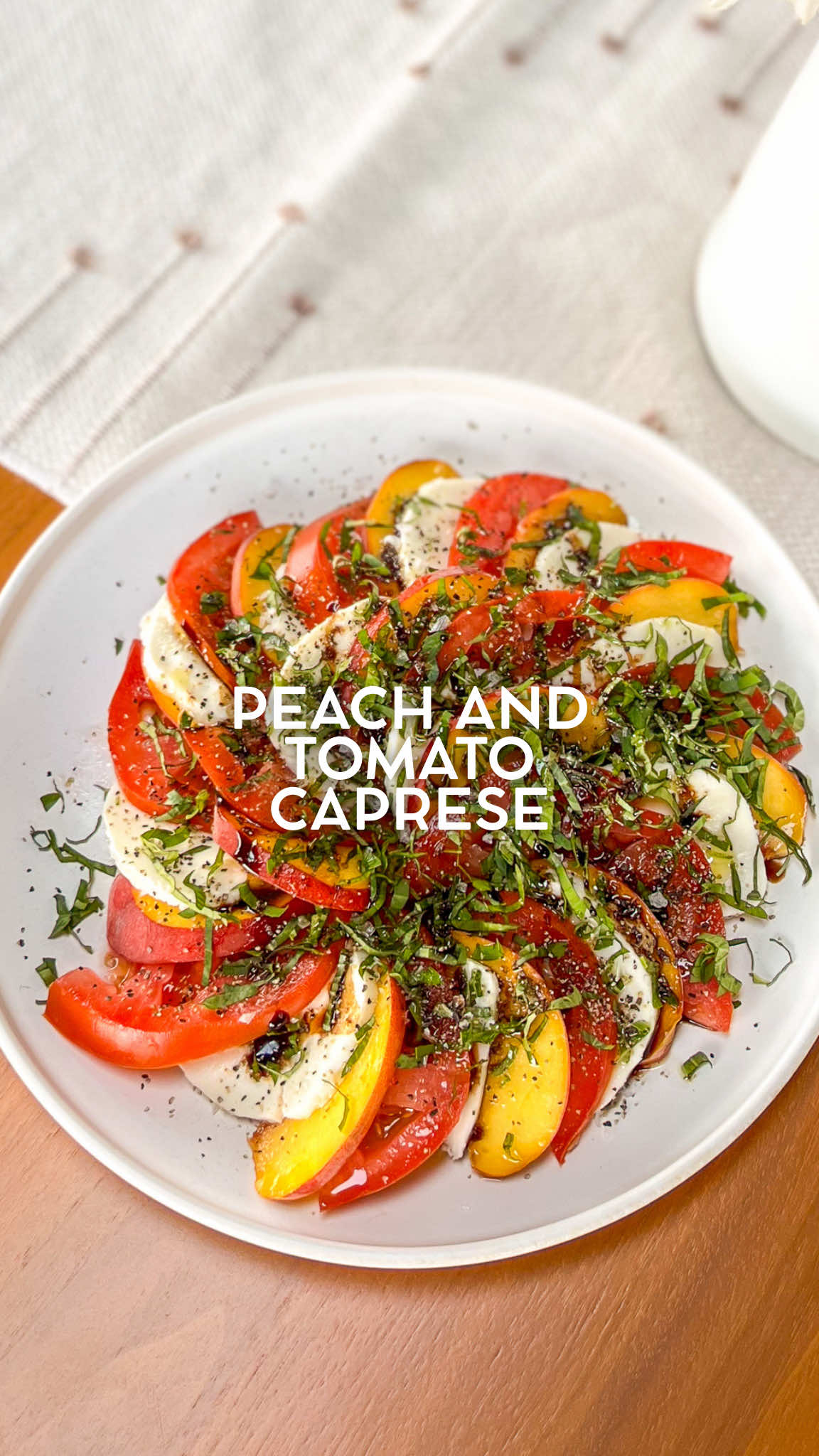 Peach and Tomato Caprese SALAD. Yes it’s a cheese salad, don’t come for me like those men in my cooking class. 😂🤦🏻‍♀️ What summer dreams are made of: 🍅thinly sliced tomato, seasoned with salt 🍑perfectly juicy peach, sliced 🧀a fresh mozzarella log, thinly sliced 🍃lots of fresh basil, chiffonade and sprinkled on top. Some people make this with whole basil leaves but my hot take is that it MUST be thinly sliced and sprinkled, so much better than munching a gigantic basil leaf 🫒good extra virgin olive oil 🍇balsamic glaze (I’m using @nonnapias from Costco) 🧂flaky sea salt That’s it. On my ciabatta garlic bread, I die.  (the garlic bread is on my site flavorfulife.com!) Who’s gonna make it!?!