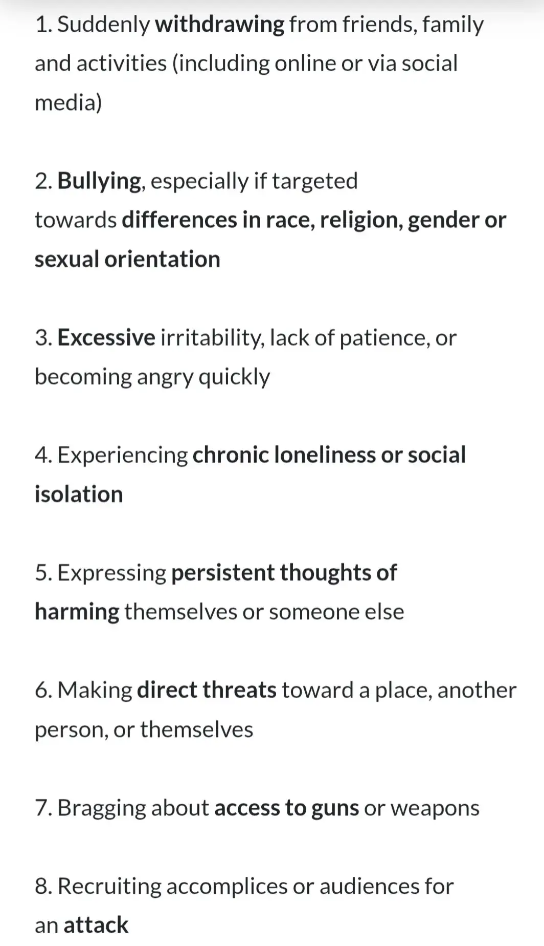 9. Obsession with online violent content,  mass shooting or weapons. 10. Cruelty to animals 