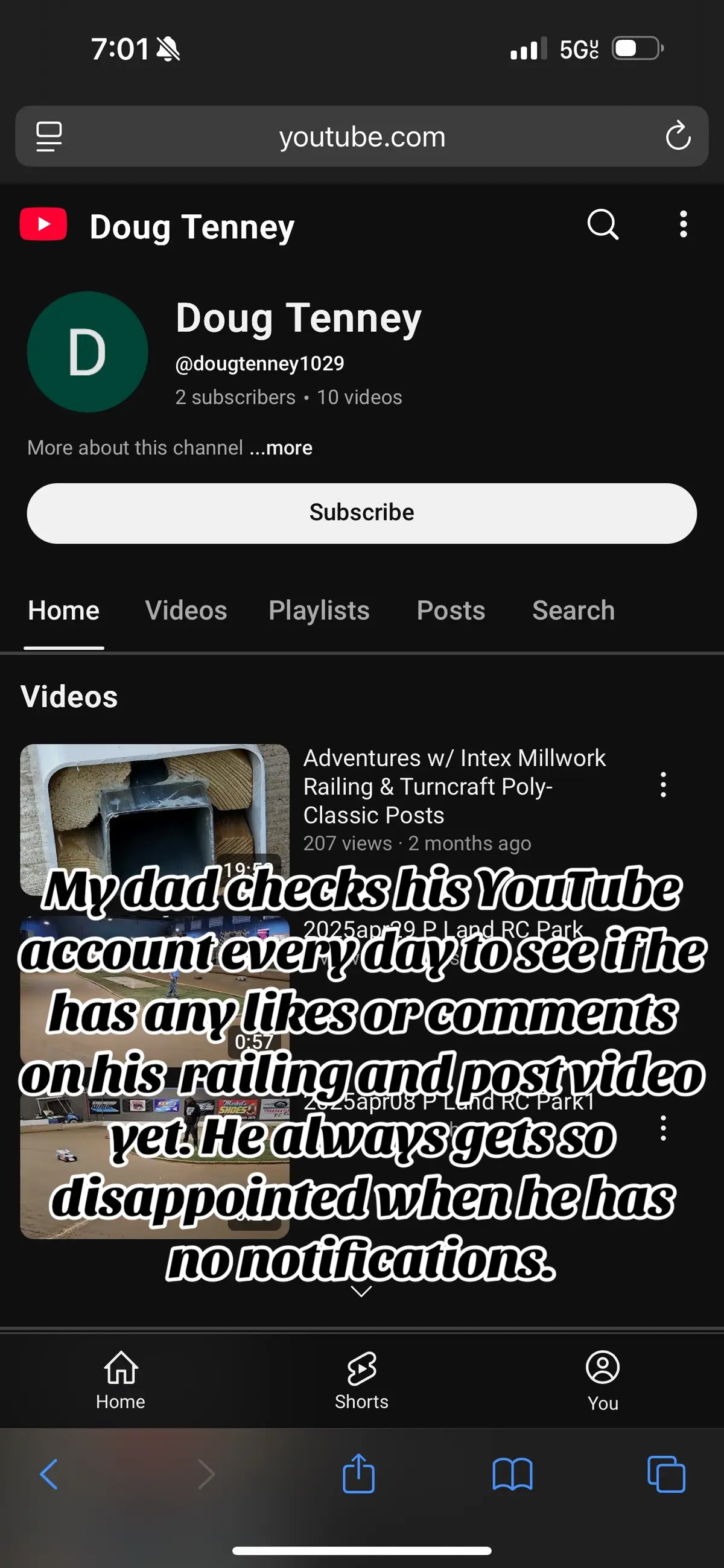 Please surprise my dad by making his railing video blow up!!! My dad checks his YouTube account every day to see if he has any likes or comments on his video yet. He always gets so disappointed when he has no notifications…https://youtu.be/wctprLrfv5I
