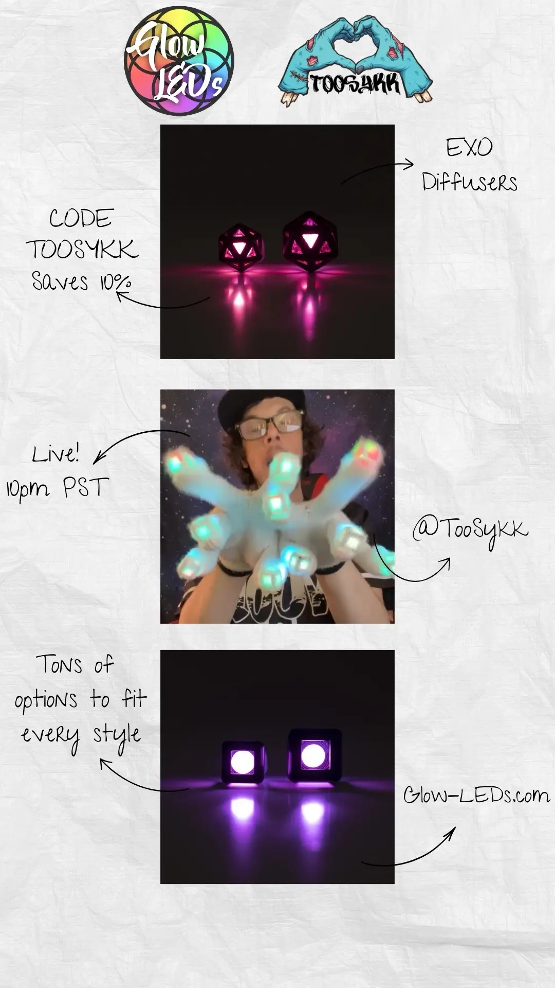 Make sure to checkout @Glow LEDs and their crazy selection of products to fit your style! Make sure to give the Helios a try while you’re there! Remember code “TOOSYKK” saves you 10%! Happy gloving! ❤️  #toosykk #asmr #glowleds #flowart #gloving 
