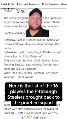 The @Pittsburgh Steelers brought back 16 players to their practice squad. Surprisingly enough they did not make any claims for any players that went on the waiver wire. @NFL #nfl #football #pittsburgh #fyp #steelers 