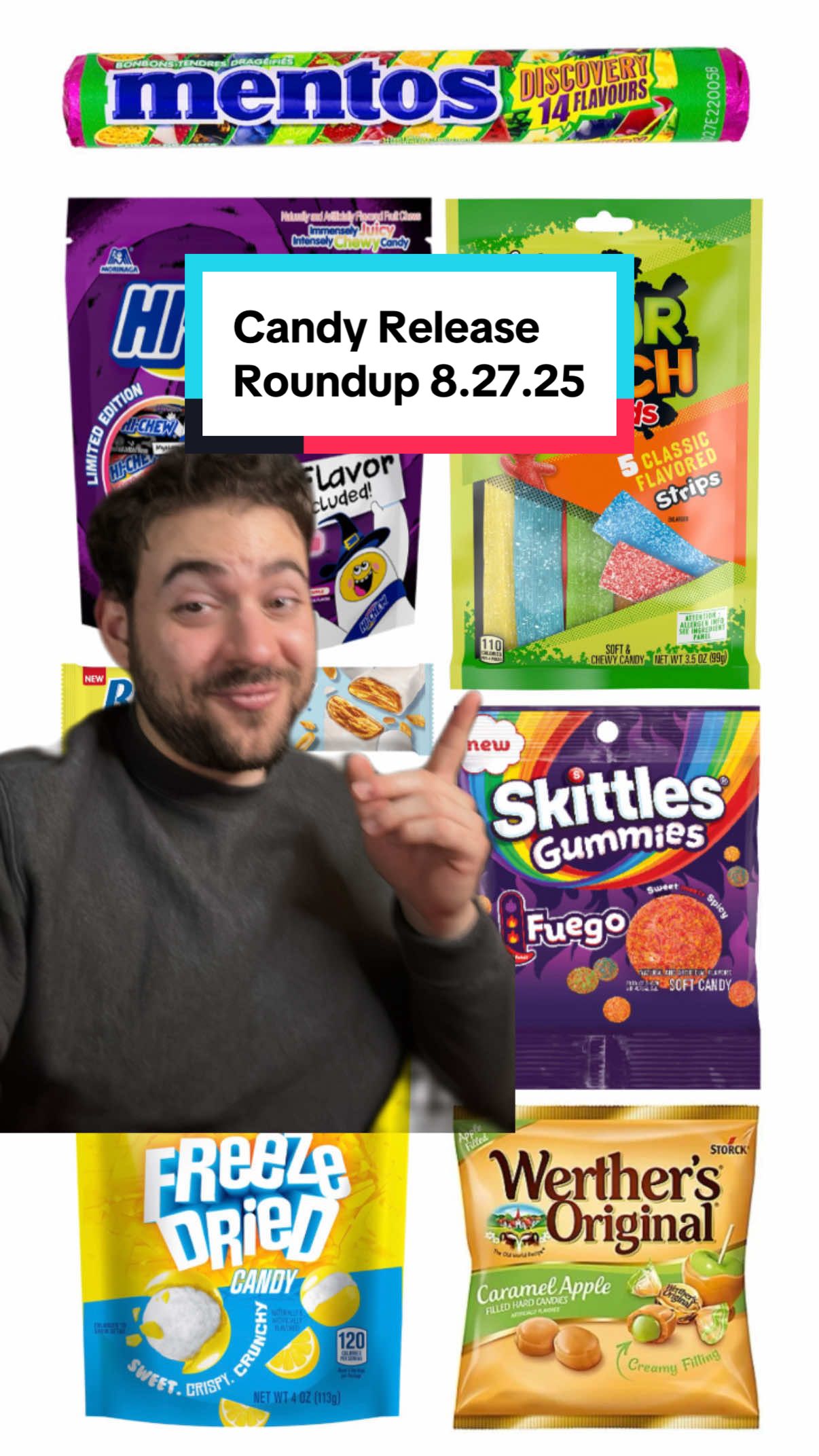We’ve got a ton of new candy releases coming out so here’s a list for the end of August.  Coming to shelves is Sour Patch Kids Strips, Hi-Chew’s Halloween Mystery Pack, Muddy Bites Sweet or Heat Challenge pack, Skittles Gummies Fuego, Mentos Discovery Mix, Butterfinger Marshmallow bars, Werther’s Original Harvest Collection, as well as freeze dried Sweet Tarts, Lemonheads, and Sprees.  Are you excited for any of these new candy releases?  #candy #FoodTok #candytok #skittles #foodnews 