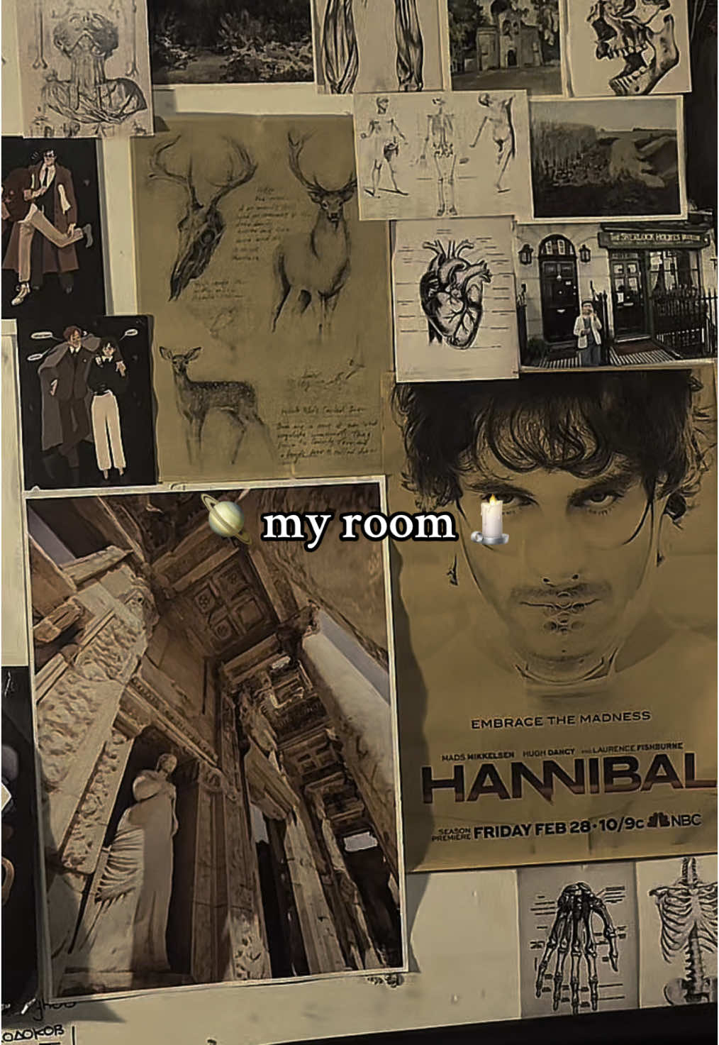finally updated the wall #darkacademia #aesthetic #core #myroom #chaoticacademia #darkacademiaaesthetic #willgraham #autumn #remus #tma #greece #sherlock #anatomy #art #secretstory #richardpapen 