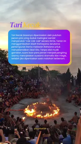 Budaya Bali: Tari Kecak Tari Kecak biasanya dipentaskan oleh puluhan penari pria yang duduk melingkar sambil menyerukan “cak-cak-cak” secara ritmis.  Tarian ini menggambarkan kisah Ramayana, terutama pertempuran Rama melawan Rahwana untuk menyelamatkan Dewi Sita.  Tanpa alat musik gamelan, suara koor para penari menjadi pengiring utama, menciptakan suasana dramatis dan magis, terlebih jika dipentaskan saat matahari terbenam. #budayabali #liburanmurah #liburanseru 