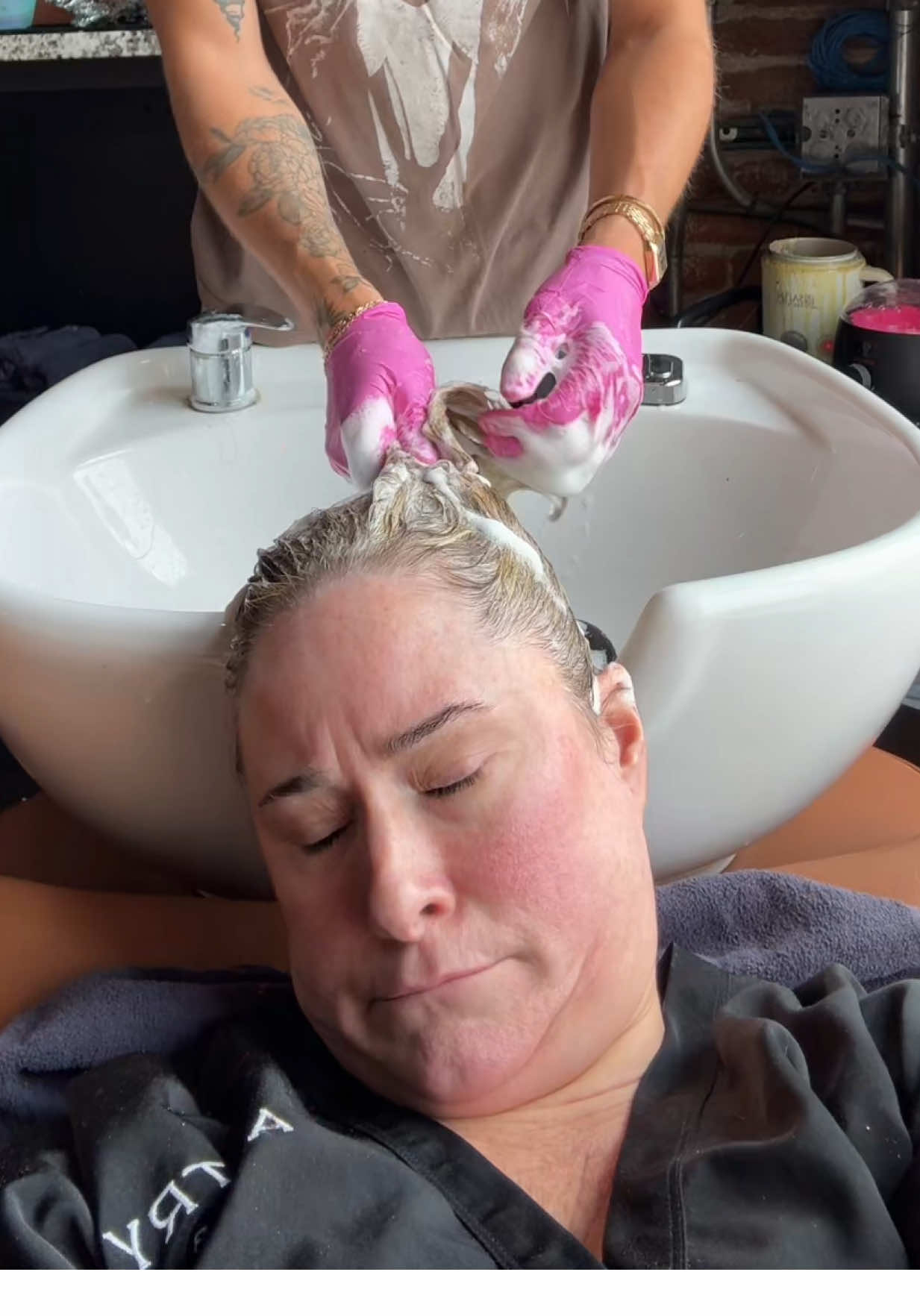 Is this not so relatable!  My stylist @Tristin Styles I can’t with you! What a birthday make over you gave me! Can’t wait to show everyone but wanted to post this cause everyone knows the shampoo is the best part!  #makeover #relatable #over40 #happybirthday #slay 