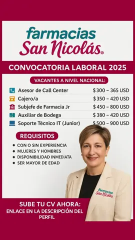 Convocatoria Laboral 2025 en El Salvador 🇸🇻💊 ¡Farmacias San Nicolás está contratando! SUBE TU CV AHORA 🚀 #EmpleoElSalvador #ConvocatoriaLaboral #TrabajoYa #FarmaciasSanNicolás #Vacantes2025 #EmpleoInmediato #EstamosContratando #OportunidadLaboral #BolsaDeTrabajo #ElSalvador