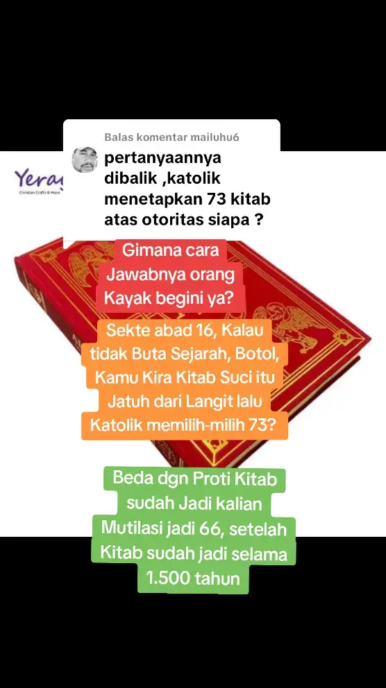 Membalas @mailuhu6  Kamu pikir Kitab PL & PB disatukan dalam bentuk Buku yg seperti sekarang ini Jatuh dari Langit? Kamu tahu gak PB sebelum ditetapkan 27 kitab, ada sekurang kurangnya 40 injil yg beredar puluhan tulisan lain, untuk menyaring jadi 27 siapa? Kamu kira sekte abad 16