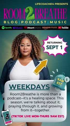 🎙️ Room2Breathe Podcast LIVE Returns September 1st at 9AM EST! Room2Breathe is more than a podcast—it’s a healing space. This season, we’re talking about it, praying through it, and growing from it—together. 💚✨ Join us for raw conversations on self-care, boundaries, healing, and personal growth designed to help you breathe deeper and live lighter. 🌱 #Room2BreathePodcast #HealingInCommunity #SelfCareClub #SelfCare #HealingJourney 