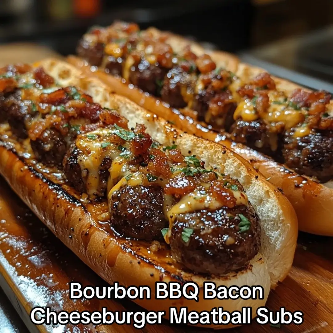 These Sizzling Bourbon BBQ Bacon Cheeseburger Meatball Subs transform classic burger flavors into an irresistible handheld masterpiece. Juicy, perfectly seasoned meatballs are simmered in sweet-smoky bourbon BBQ sauce, then nestled in toasted sub rolls with melty cheddar cheese and crispy bacon for the ultimate comfort food experience. INGREDIENTS: • 1 lb ground beef (80/20 lean-to-fat ratio) • 1 cup breadcrumbs • 1 egg • 1 teaspoon garlic powder • 1 teaspoon onion powder • 1 teaspoon smoked paprika • ½ teaspoon salt • ¼ teaspoon black pepper • 1 tablespoon olive oil • 1 cup bourbon BBQ sauce • 1 cup shredded cheddar cheese • 4 sub rolls • 8 slices crispy bacon INSTRUCTIONS: 1. Preheat your oven to 375°F (190°C). 2. In a large bowl, combine ground beef, breadcrumbs, egg, garlic powder, onion powder, smoked paprika, salt, and pepper. Mix gently until just combined. 3. Form the mixture into meatballs about 1.5 inches in diameter (approximately 16-20 meatballs). 4. Heat olive oil in a large skillet over medium heat. Once hot, add the meatballs in a single layer, working in batches if necessary. 5. Brown the meatballs on all sides, about 5-7 minutes total. They don’t need to be fully cooked through at this stage. 6. Once all meatballs are browned, return them all to the skillet. Pour the bourbon BBQ sauce over the meatballs, reduce heat to low, and simmer for 10 minutes, occasionally stirring gently. 7. While the meatballs simmer, slice your sub rolls lengthwise without cutting all the way through. Place them on a baking sheet and toast in the preheated oven for 5 minutes until golden brown. 8. Place 4-5 meatballs inside each toasted roll, spooning extra sauce over them. 9. Top each sub with ¼ cup shredded cheddar cheese and 2 slices of crispy bacon, broken into pieces if desired. 10. For extra-melty cheese, return the assembled subs to the oven for 2-3 minutes until cheese is fully melted. 11. Serve immediately with additional bourbon BBQ sauce on the side for dipping. #Foodies 