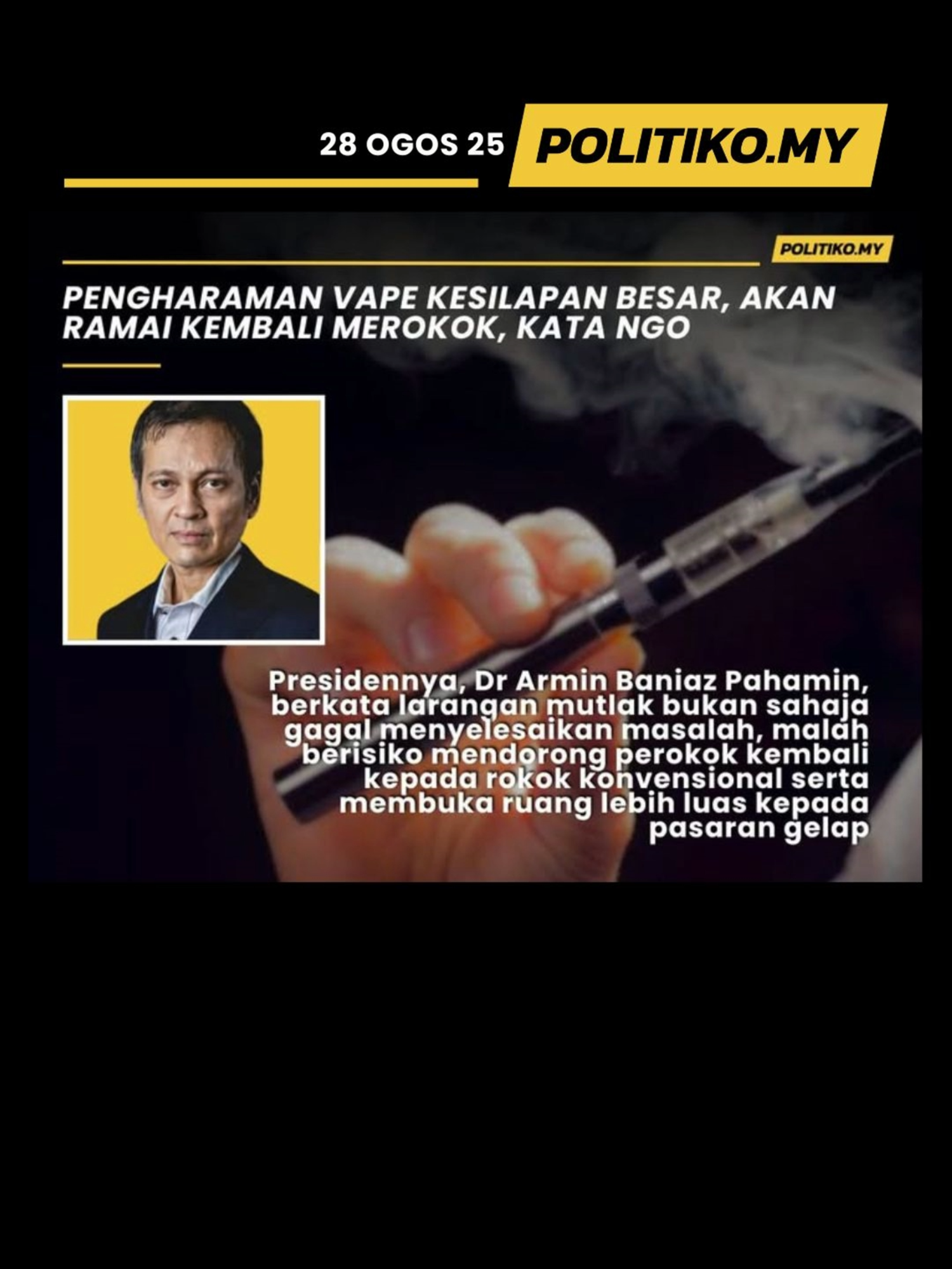 Pengharaman Vape Kesilapan Besar, Akan Ramai Kembali Merokok, Kata NGO Dr Armin Baniaz Pahamin, berkata larangan mutlak bukan sahaja gagal menyelesaikan masalah, malah berisiko mendorong perokok kembali kepada rokok konvensional serta membuka ruang lebih luas kepada pasaran gelap. “Data menunjukkan 75 peratus pengguna vape di Malaysia adalah bekas perokok atau pengguna berganda. Jika vape diharamkan, ramai akan kembali kepada rokok yang jauh lebih berbahaya,” katanya dalam satu kenyataan media hari ini. Menurut beliau, langkah pengharaman juga bakal menjejaskan industri bernilai RM4 bilion setahun yang menyediakan ribuan peluang pekerjaan dan menjadi platform perniagaan mudah akses kepada usahawan muda, khususnya Bumiputera. “Jika pengharaman dilaksanakan, ribuan usahawan kecil akan kehilangan punca pendapatan dan berisiko terjebak dengan pasaran gelap. Ini akan menghakis pemilikan ekonomi Bumiputera dalam jangka panjang,” tegasnya. #vape #hisapvape #haramvape #cukaivape #rokok #cukairokok #ekonomibumiputera