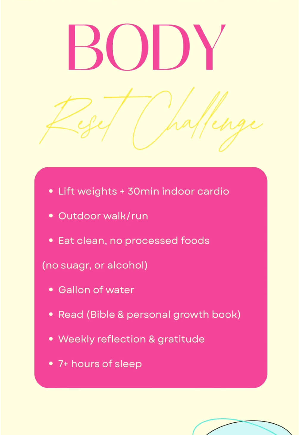 30 days to glow, grow & feel amazing!! 💐💝💞💘 today was day 2/30  challenge details: - Lift weights + 30 min of indoor cardio - Outdoor walk or run   - Eat clean, Whole Foods (one treat meal a week if necessary) (no added sugar or alcohol) - Gallon of water  - Read (Bible & personal growth book) or listen to a podcast  - Weekly reflection & gratitude  - 7+ hours of sleep  #christiantiktok #30daychallange #fitnesschallenge 