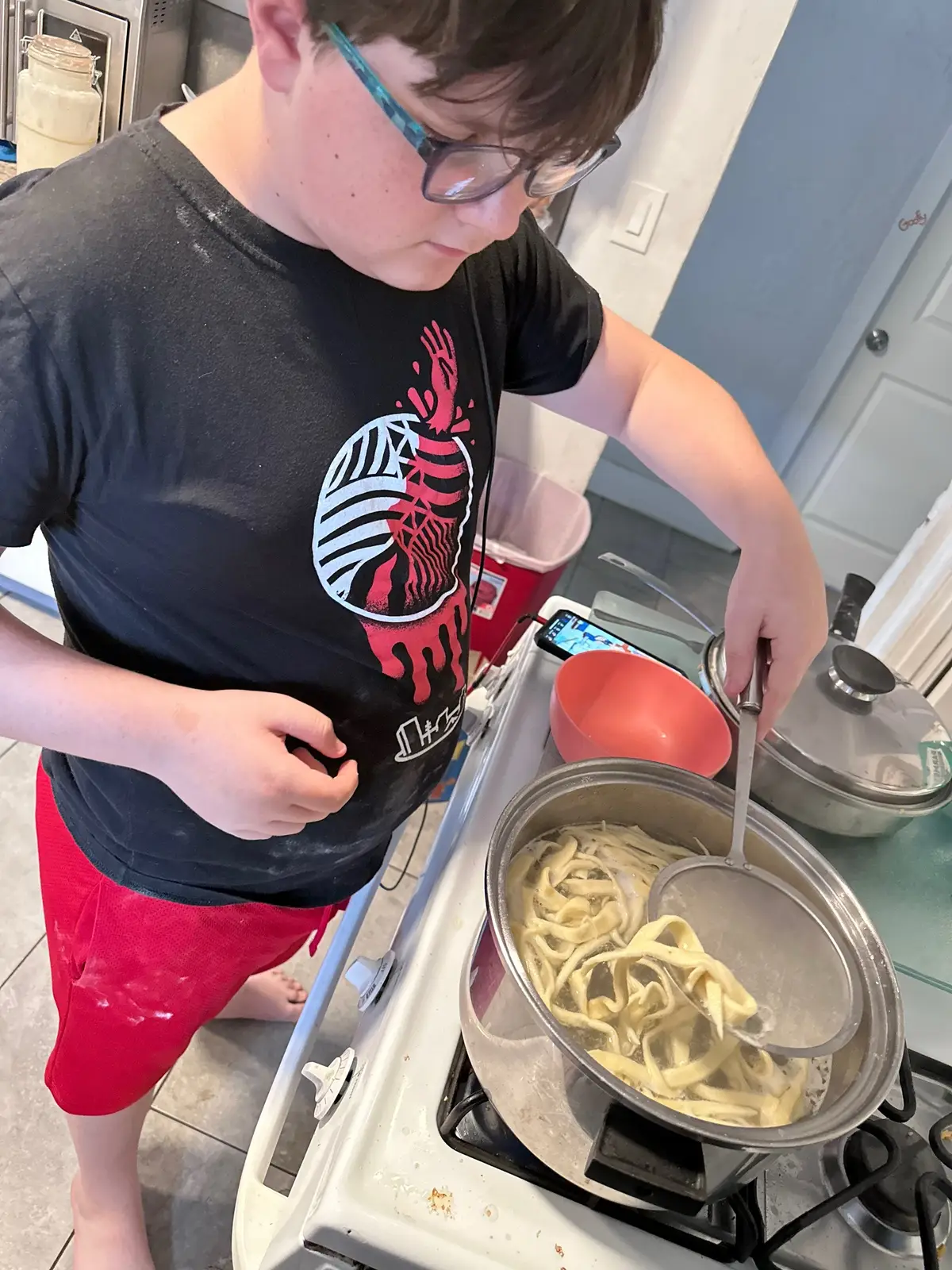 Kids made their own sourdough pasta tonight along with Alfredo sauce. Was so good. Teaching them the good stuff #dinner #sourdough #yummy