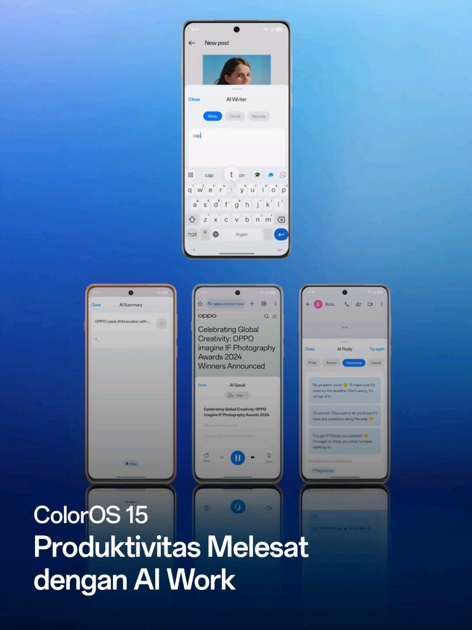 #OPPOColorOS15 dengan fitur AI Work bikin semua aktivitas jadi lebih efisien! ✨ Mulai dari AI Summary, AI Speak, sampai AI Writer, semua bisa dilakukan lebih cepat dan praktis. Perbarui #ColorOS kamu sekarang, dan buktikan sendiri kemudahannya. 📲