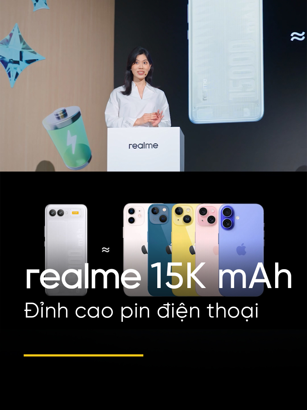 Điện thoại realme dung lượng pin 15000mAh thì bằng gì nhỉ 👀 Bằng 5 quả táo cộng lại 👉👈 #realmeVN #FreeToBeReal #realme828FanFestival #realme15000mAh