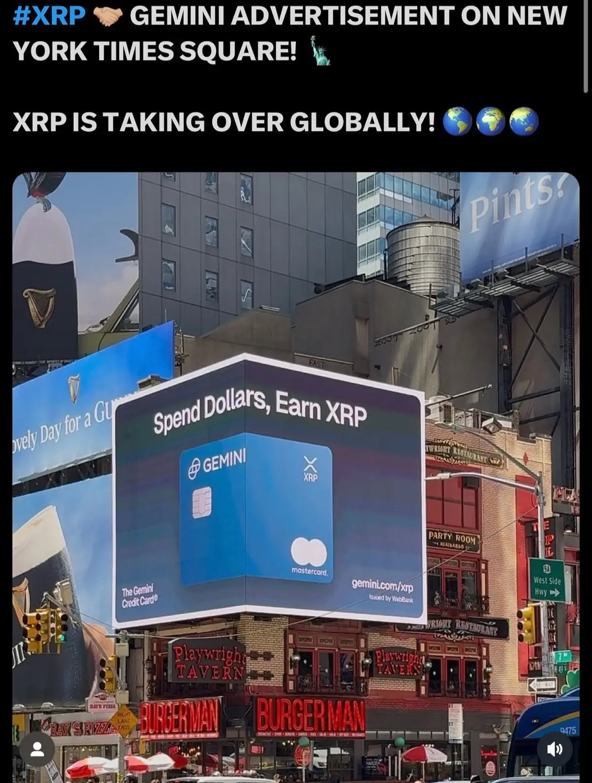 XRP just hit the big screen in Times Square! Gemini pushing 