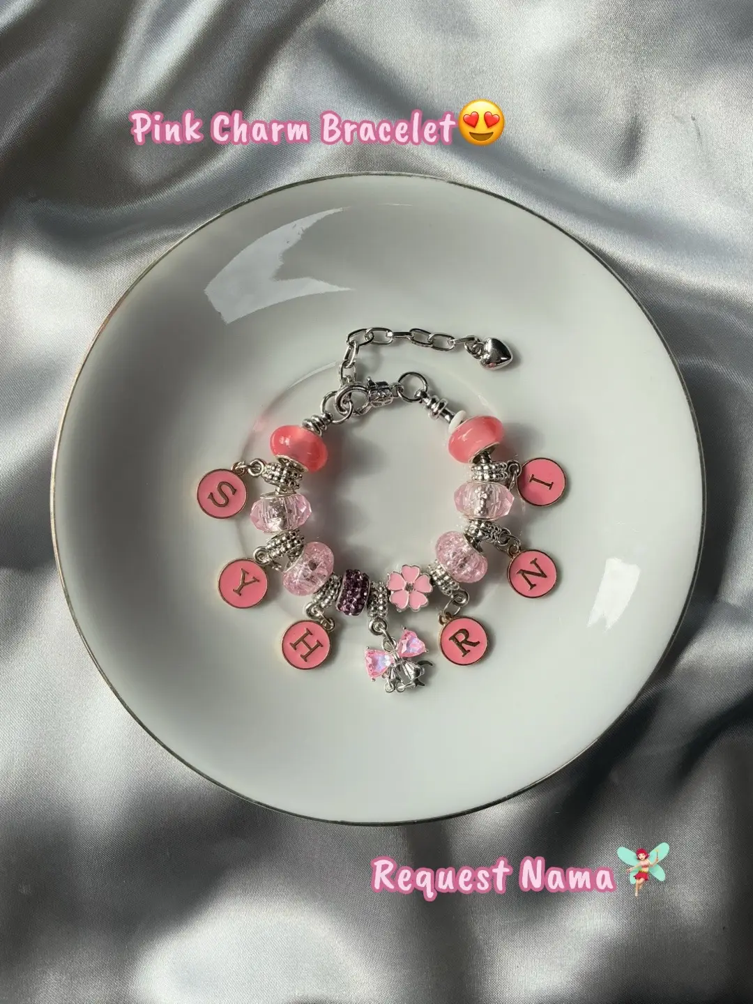 Iron bracelet equipped with letter charms and cute charms in the middle 🎀💫 Your name? Yes, we can do that! 💌✨ Perfect for gifting, matching with besties, or just spoiling yourself a little 💖✨  DM to order or find us on Shopee !!🛍️ #gelangcharm #braceletpandora #gelangpandora #gelangbesi #gelangnama 