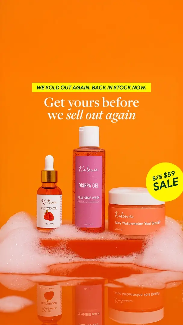 These Katoura favorites sell out fast, so don’t miss your chance while they’re restocked! #PrettyV #Yonipops #scrub #Restoraoil #Yonicare #feminineessentials #femininehygiene #femininewash #katoura #katouraproducts