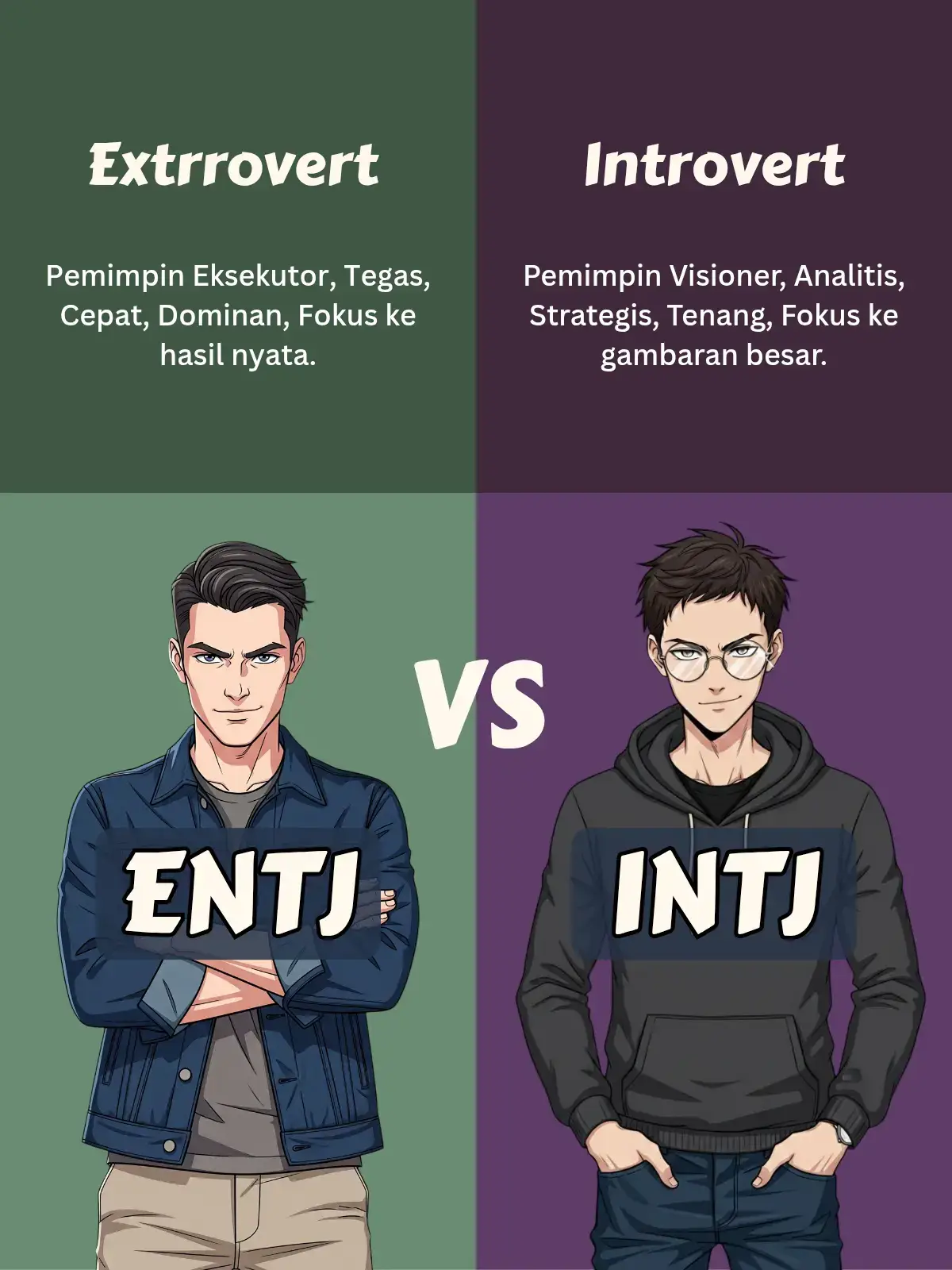 Meskipun hanya berbeda satu huruf, ENTJ dan INTJ memiliki perbedaan mendasar yang memengaruhi cara mereka berinteraksi dengan dunia, mengambil keputusan, dan memimpin. Berikut adalah poin-poin perbedaannya: 1. Orientasi Energi  * ENTJ (Ekstrovert): Mendapatkan energi dari dunia luar, seperti interaksi sosial dan kegiatan yang melibatkan banyak orang. Mereka cenderung 